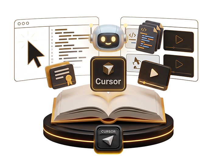 ربات آموزشی روی کتاب باز، با آیکن‌های کد و ویدیو و نشان Cursor