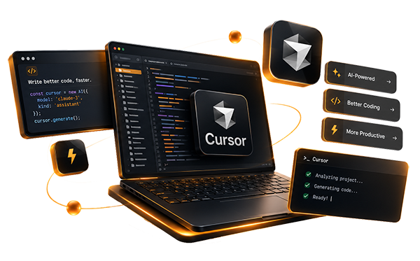 لپ‌تاپ Cursor با پنل‌های کد و نشان هوش مصنوعی