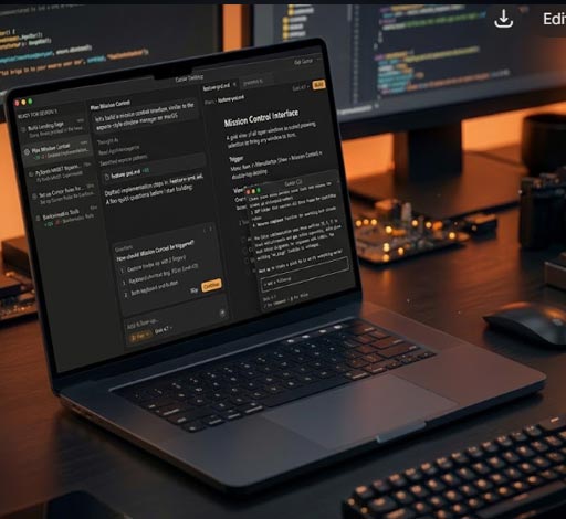 لپ‌تاپ با محیط Cursor روی میز کار